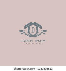 Diseño de icono del logotipo de la letra D premium. 
Arreglo de matrimonio. Diseño de ramo floral, marco botánico, logotipo del borde de la gema dibujado a mano
