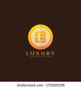 Premium-Buchstabe E Logo Symbol Vektorillustration Design. Luxuriöser Schmuckrahmen Edelkantenlogotype. Drucken Sie ein Zeichen mit Stempelzeichen aus Monogramm.