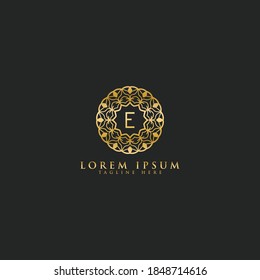 Premium letter E vector logo icon design template for branding elements. Luxury floral jewelry frame gem edge logotype.