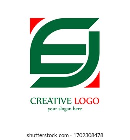 Vector de diseño del logotipo EJ de primera letra. Monograma creativo lineal de lujo. Logotipo inicial en verde y naranja cuadrado