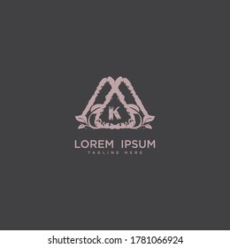 Premium letter K logo icon design. 
Wedding arrangement. Floral bouquet design, Botanical frame, Hand drawn flowers  frame gem edge logotype