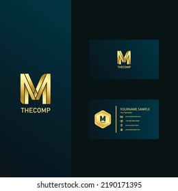Premium letter M Business Card with golden design. Luxury vector logotype symbol with business card template. Elegant corporate identity.
