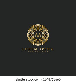 Plantilla de diseño de icono de logotipo del vector M de letra premium para elementos de marca. Lotipo de gema con borde de joyería floral de lujo.