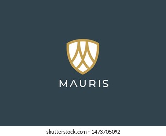Premium letter M victory logo design. Shield shape. Protection security guard symbol. Luxury abstract linear business logotype. Creative elegant vector monogram.