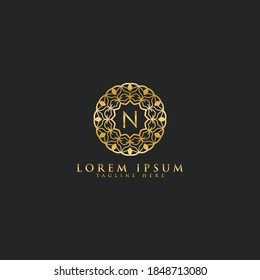 Premium letter N vector logo icon design template for branding elements. Luxury floral jewelry frame gem edge logotype.
