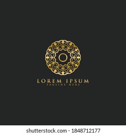 Plantilla de diseño de icono de logotipo del vector O de letra premium para elementos de marca. Lotipo de gema con borde de joyería floral de lujo.