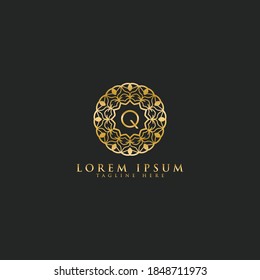Premium-Brief-Q Vektor-Logo-Design-Vorlage für Branding-Elemente. Luxuriöser Blumenschmuck Rahmen Edelsteinkante.