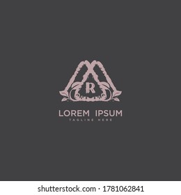 Premium letter R logo icon design. 
Wedding arrangement. Floral bouquet design, Botanical frame, Hand drawn flowers  frame gem edge logotype