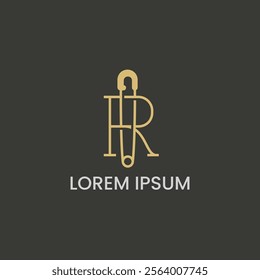 Premium letter R logo vector illustration. Letter R with safety pin icon. Elegant boutique, fashion industry logotype symbol.