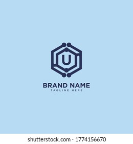 Diseño de icono del logotipo de la letra Premium U. logotipo de borde de imagen de punto de conexión de tecnología. Imprimir símbolo de marca de marca de las iniciales del monograma