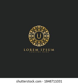 Premium letter U vector logo icon design template for branding elements. Luxury floral jewelry frame gem edge logotype.