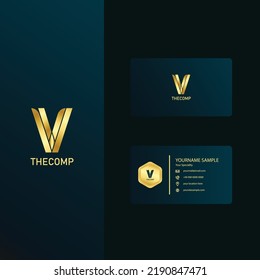 Premium letter V Business Card with golden design. Luxury vector logotype symbol with business card template. Elegant corporate identity.