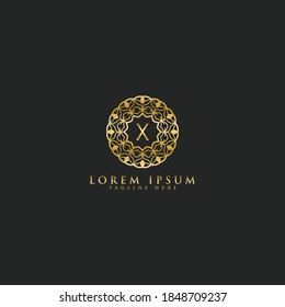 Premium letter X vector logo icon design template for branding elements. Luxury floral jewelry frame gem edge logotype.
