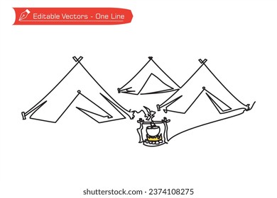 Premium Line Icon Heading to camp. One continuous line drawing of 3 classic tents and cooking technique over a campfire. Vector illustration of how to cook in nature when camping. 
Camping symbol.