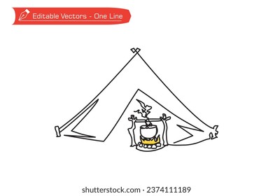 Premium Line Icon Kopfzeile zum Camp. Einfache Einzeilenzeichnung eines klassischen Zeltes und Kochtechnik über Lagerfeuer. Vektorgrafik, wie man beim Campen in der Natur kocht. Feuer vor dem Zelt.