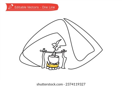 Premium Line Icon Kopfzeile zum Camp. Eine durchgehende Zeichnung von Zelt und Kochherd über Lagerfeuer. Vektorgrafik des Kochens in der Natur beim Camping. Symbol des Campings im Sommer.