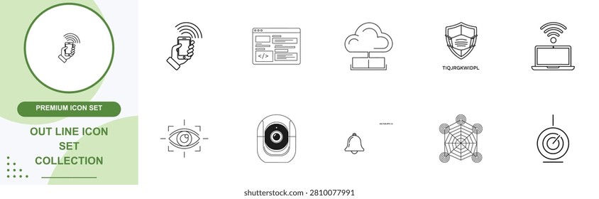 Premium line icons featuring smart devices cloud storage security shields wireless connectivity and modern application interface elements.