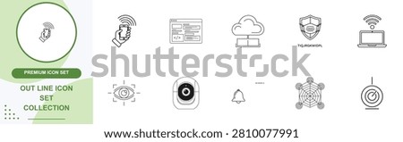 Premium line icons featuring smart devices cloud storage security shields wireless connectivity and modern application interface elements.