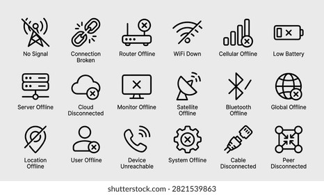 Premium line icons representing network failure scenarios like satellite offline bluetooth connectivity problems global outage location disabled user offline device unreachable system error cable disconnection and peer network issues on neutral background for interface design.