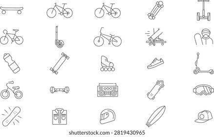 Premium line vector icon set for urban transportation active sports street culture and extreme recreation equipment. Perfect for mobile apps website UI UX lifestyle brands and youth sports designs.

Included Icons:
Skateboard, city bicycle, electric self balancing segway, bmx model, foot pushing skateboard, snowboarder person, water bottle, longboard, roller skate inline, sneaker shoe, kick scooter, kids tricycle, hoverboard, boombox radio cassette player, goggles, snowboard, casual shirt apparel, safety helmet, surfboard, and snapback cap hat.

Features:
100 percent Vector and Fully Editable
Clean Modern Line Outline Style
Ready for UI UX Mobile App Design Web Development and Infographics
Easy to customize colors and stroke sizes