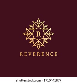 Premium Linear Decorative Monogram Letter R Logo. Elegant Floral Ornament Stamp Logo With Leaf Frame. Luxury Alphabet Frame Symbol For Cosmetics, Organic, Royal, Jewelry Brand.