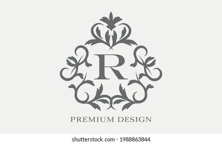 Premium linear logo. Exquisite monogram with letter R. Elegant icon. Luxury alphabet frame symbol.