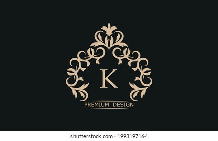 Logotipo lineal premium con letra K. Elegante ícono de marca de empresa de monograma, boutique, heraldry.
