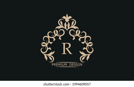 Logotipo lineal premium con letra R. Elegante ícono de marca de empresa de monograma, boutique, heraldry.