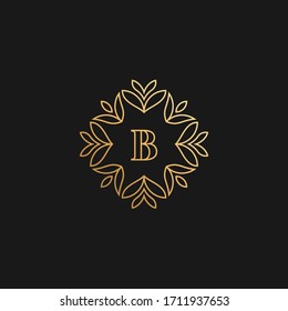 Premium linear ornamental letter B logo or monogram. Feminine floral decorative logo with leaf frame. Luxury alphabet symbol for cosmetics, organic, jewelry, beauty brand.