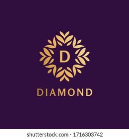 Premium linear ornamental letter D logo or monogram. Feminine floral decorative logo with leaf frame. Luxury alphabet symbol for cosmetics, organic, jewelry, beauty brand.
