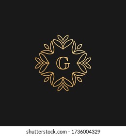 Premium linear ornamental letter G logo or monogram. Feminine floral decorative logo with leaf frame. Luxury alphabet symbol for cosmetics, organic, jewelry, beauty brand.