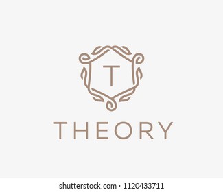 Premium Linear Shield Monogram Letter T Logotype. Elegant Crest Leaf Stamp Icon Vector Logo. Luxury Alphabet Frame Symbol. 