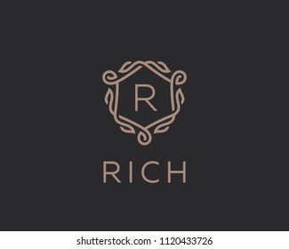 Premium linear shield monogram letter R logotype. Elegant crest leaf stamp icon vector logo. Luxury alphabet frame symbol. 