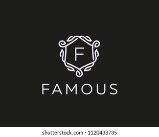 Premium linear shield monogram letter F logotype. Elegant crest leaf stamp icon vector logo. Luxury alphabet frame symbol. 