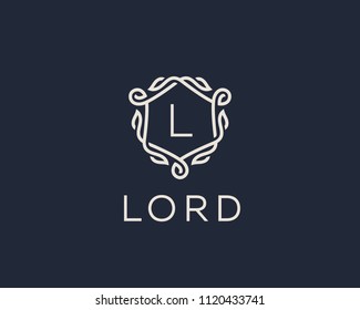 Premium linear shield monogram letter L logotype. Elegant crest leaf stamp icon vector logo. Luxury alphabet frame symbol. 