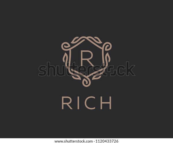 プレミアムリニアシールドモノグラム文字rのロゴタイプ エレガントな紋章の葉のスタンプアイコンベクター画像ロゴ 高級アルファベットのフレーム記号 のベクター画像素材 ロイヤリティフリー