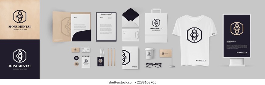 Premium lineart logo and corporate identity template with paperboard background and dark blue color. Branding design mock up.