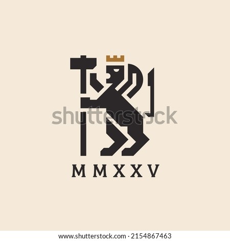 Premium lion logo mark design element. Justice and strength animal icon. Strong brand identity law and finance symbol. Royal heraldry sign with lion, gold crown and hammer. Vector illustration.