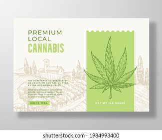 Premium Local Cannabis Label Template. Abstract Vector Packaging Design Layout. Modern Typography Banner with Hand Drawn Hemp Leaf Plant and Rural Landscape Background. Isolated.