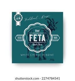 Premium Local Feta cheese Food Label Template. Abstract Vector Packaging Design Layout. Modern Typography Banner with Hand Drawn Cheese Piece and Rural. Isolated.