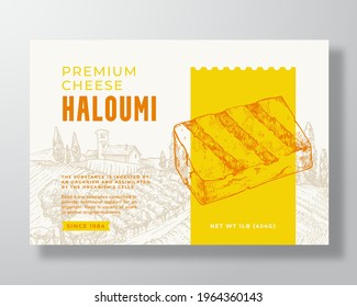 Premium Local Haloumi Food Label Template. Abstract Vector Packaging Design Layout. Modern Typography Banner with Hand Drawn Cheese Piece and Rural Landscape Background. Isolated.