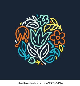 Premium logo with flowers. Logotype for flower shop, bridal boutique, organic cosmetics. Round linear symbol with tulips and leaves. Modern vector logo template. 