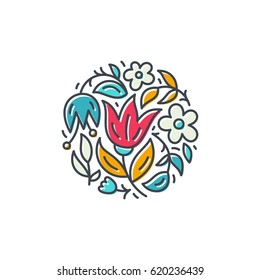 Premium logo with flowers. Logotype for flower shop, bridal boutique, organic cosmetics. Round linear symbol with tulips and leaves. Modern vector logo template. 