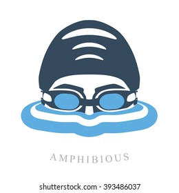 Etiquetas con el logotipo Premium para la cabeza del nadador con gafas y gorra para nadar en la superficie del agua con olas