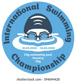 Premium logo labels swimmer's head with glasses and cap for swimming on the water surface with waves