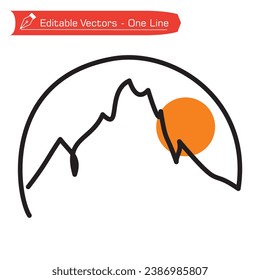 Premium logo. One continuous line of hard to reach rocky mountain peaks with orange sun and semicircular frame. Vector illustration of rocky mountains logo.