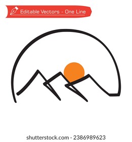Premium Logo. One continuous line drawing of three simple mountains and orange sun. Vector illustration of mountain logo with semicircular frame, symbol of camping, traveling and adventure.
