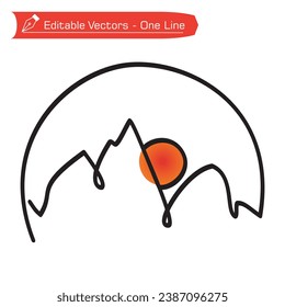 Logotipo Premium. Un trazado continuo de líneas de empinadas cumbres montañosas y amanecer con un marco de medio círculo. 
Ilustración vectorial de montañas difíciles de alcanzar para logotipo, símbolo, icono, viaje y camping.
