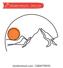 Premium logo one line art. Simple continuous line drawing of mountains and orange sun with semicircular frame. Vector illustration of mountains logo - Adventure symbol.