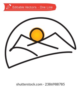 Premium Logo. One line drawing of two simple mountains and full sun. Vector illustration of mountain image with semicircular frame, symbol of camping, hiking, traveling and adventure.